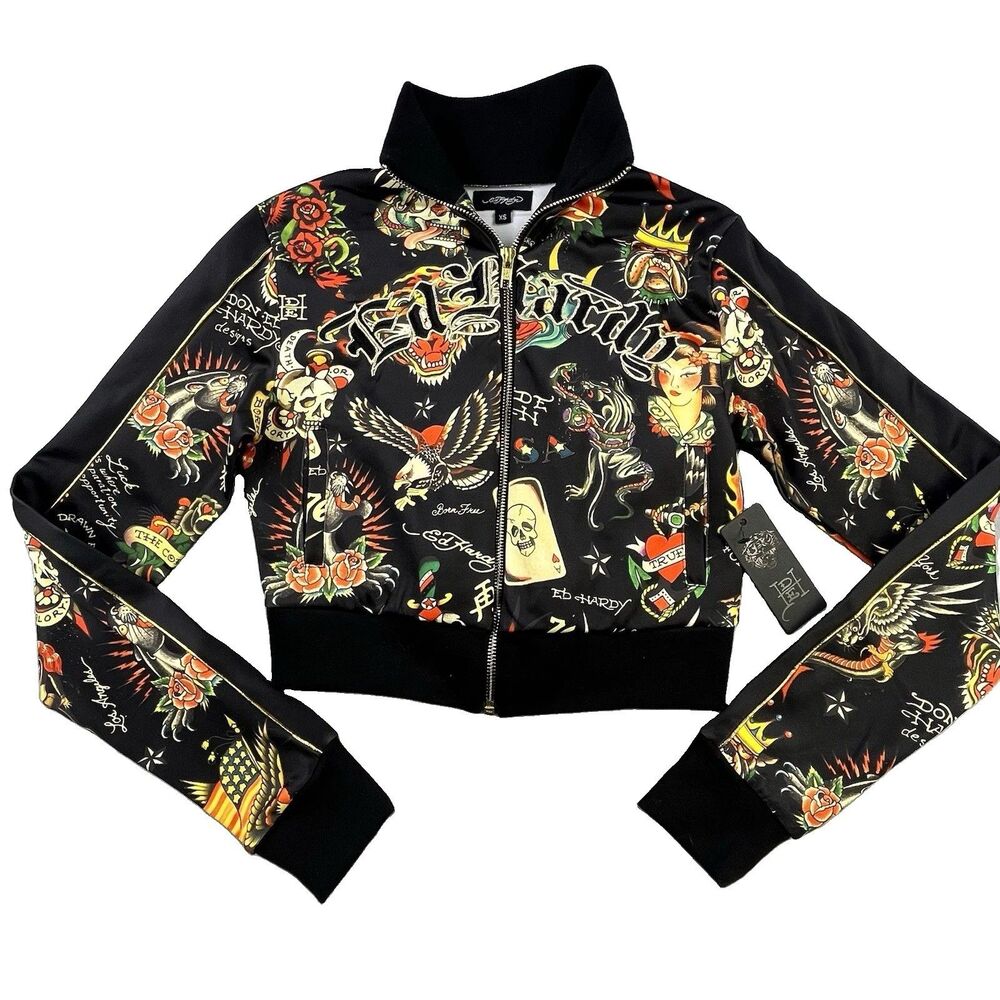 Ed Hardy Shrunken Flashboard Track Jacket Size XS Black Tattoo Skull Zip Y2K NEW